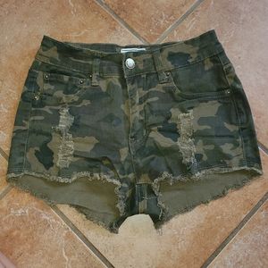 American Bazi camo high rise distressed shorts